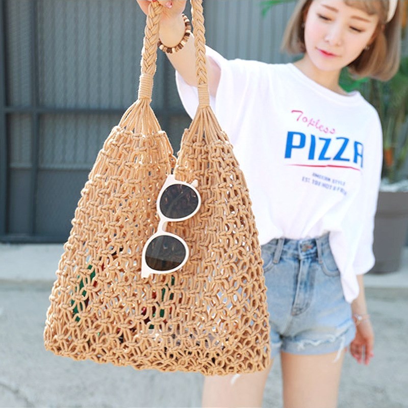 Mesh Hollow Unlined Straw Bag