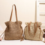 Large Capacity Straw Bag Drawstring Hand-carrying Knitting Shoulder Bag